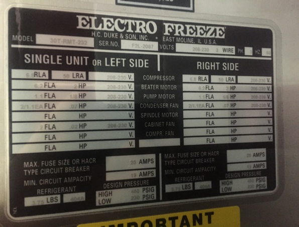 30T-RMT Info Specs For Sale Showroom Electrofreeze Electro Freeze New England Online Buy Purchase